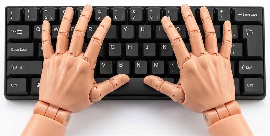 Duas mãos posicionadas sobre um teclado, com os dez dedos prontos para digitar